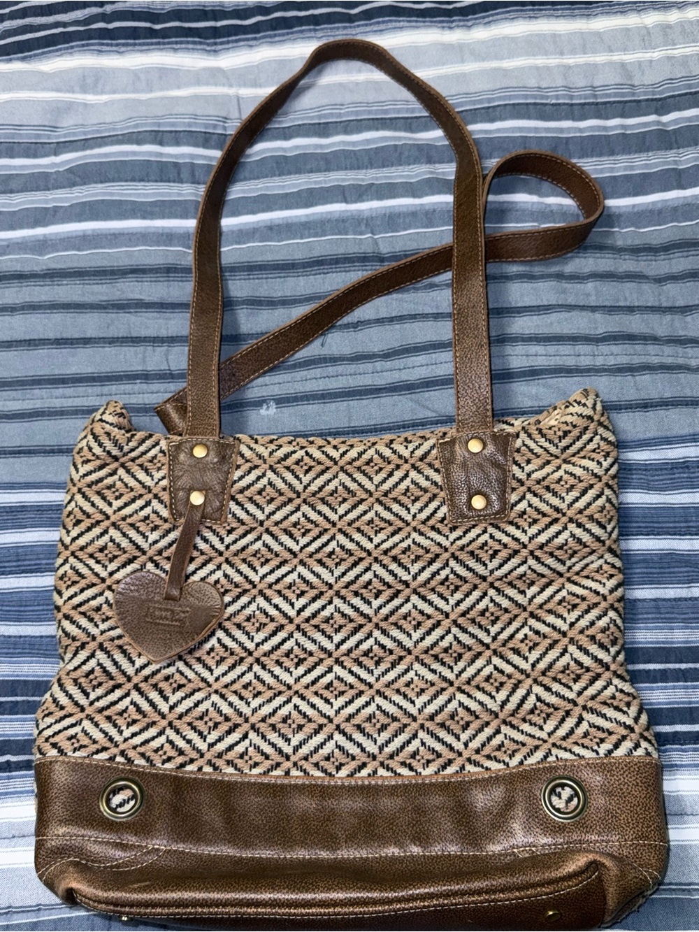 Myra Bag Brown Woven Tote with Leather Trim